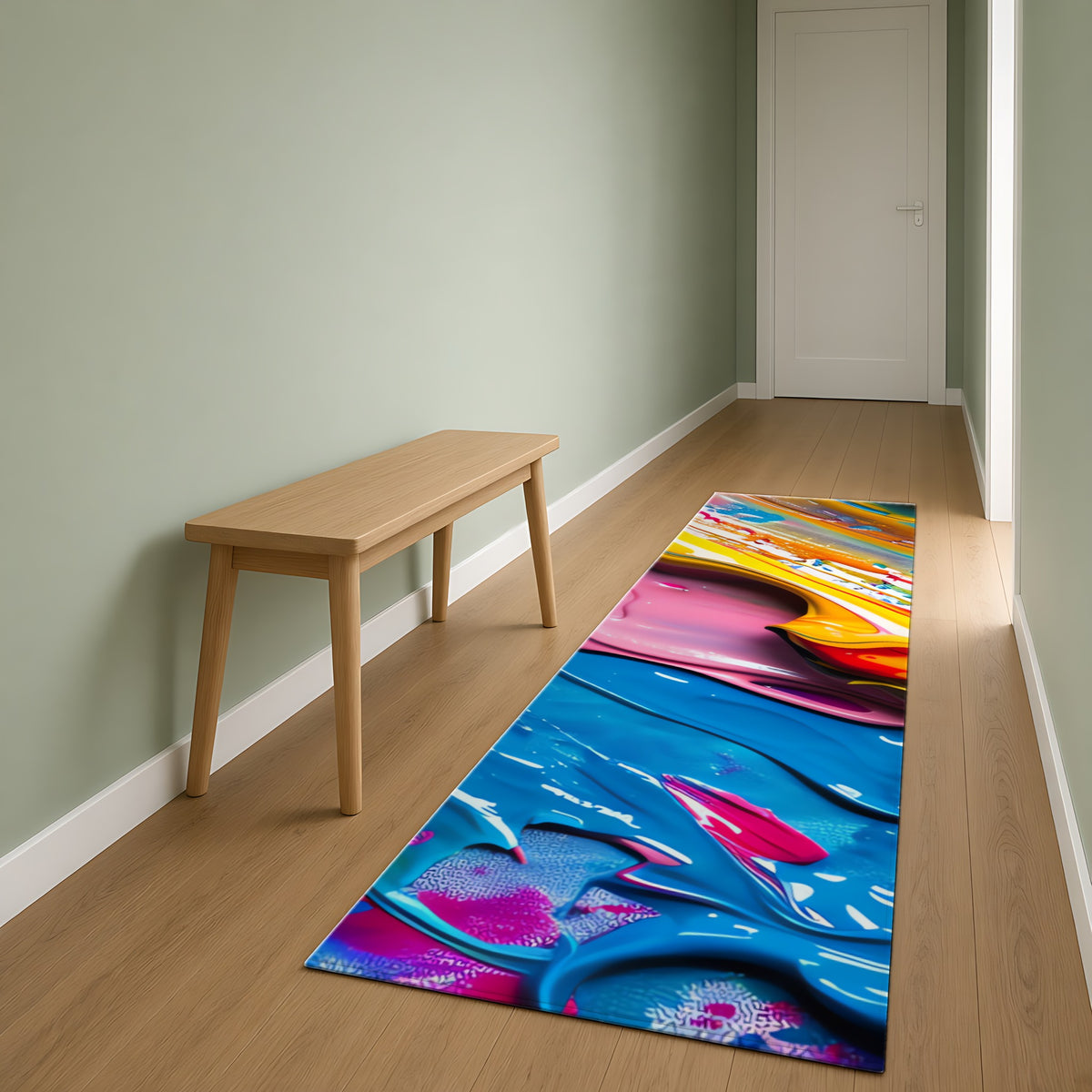 Vivid Paint Strokes Outdoor Rug as a runner in a sage-green hallway