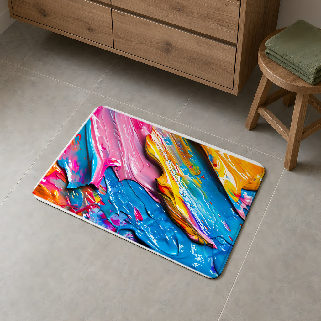 Vivid Paint Strokes Bath Mat on a grey tiled bathroom floor
