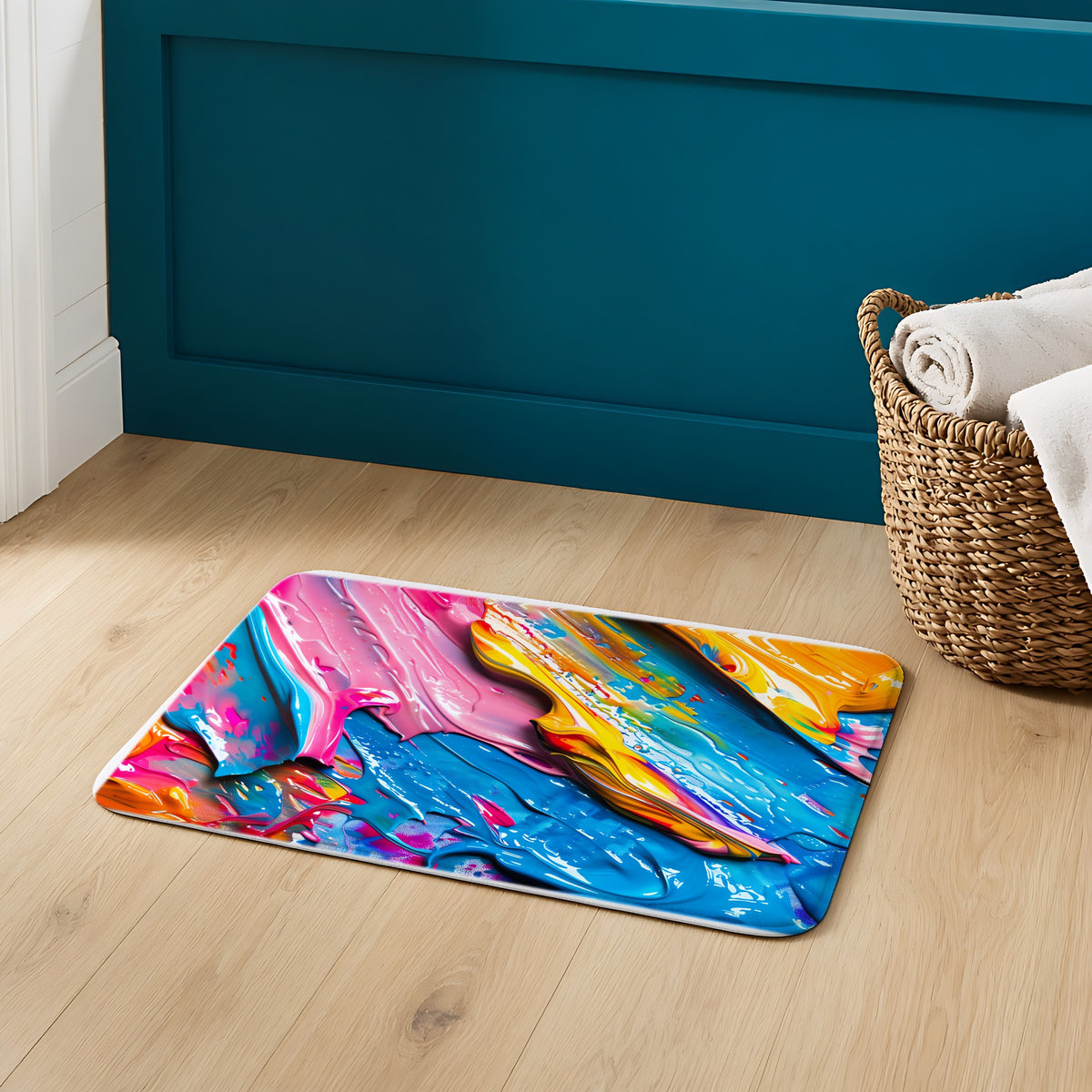 Vivid Paint Strokes Bath Mat on an oak floor in a teal bathroom