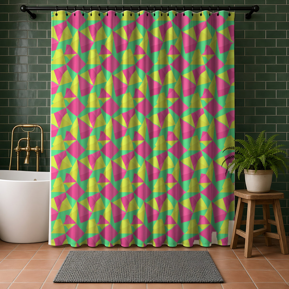 Faceted Panels Shower Curtain in a bathroom with dark green tiles