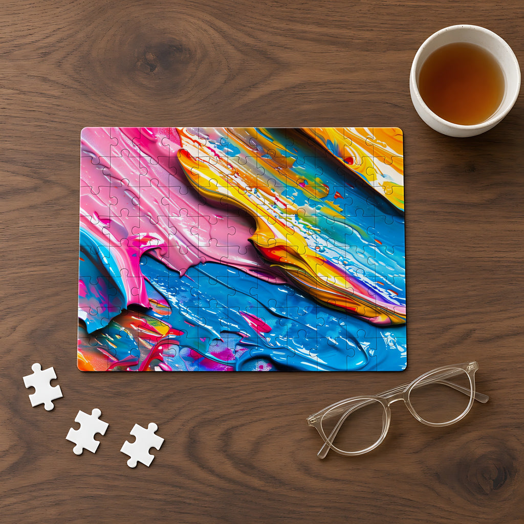 Vivid Paint Strokes Jigsaw Puzzle with Tin completed on a walnut table