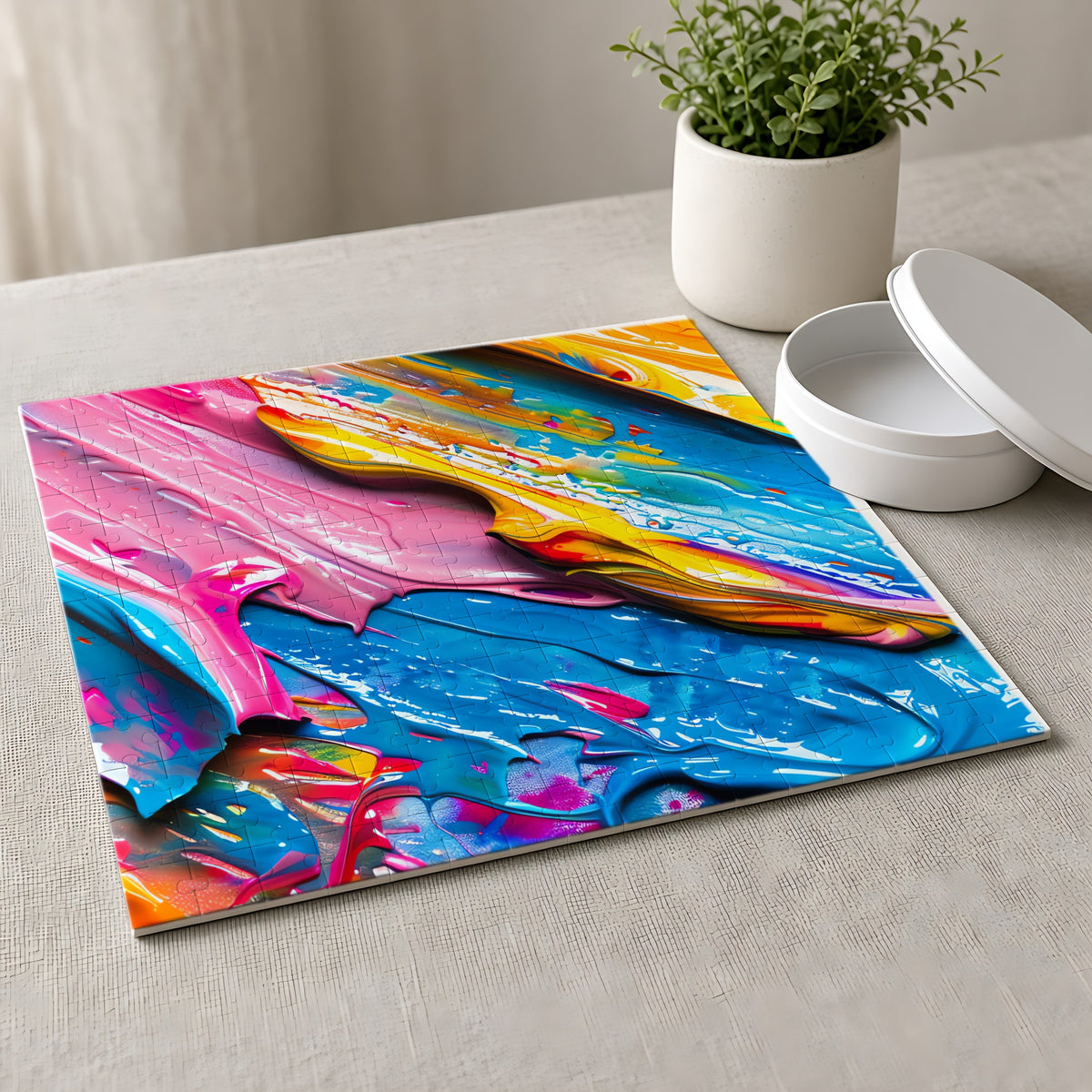 Vivid Paint Strokes Jigsaw Puzzle with Tin completed on a linen tablecloth