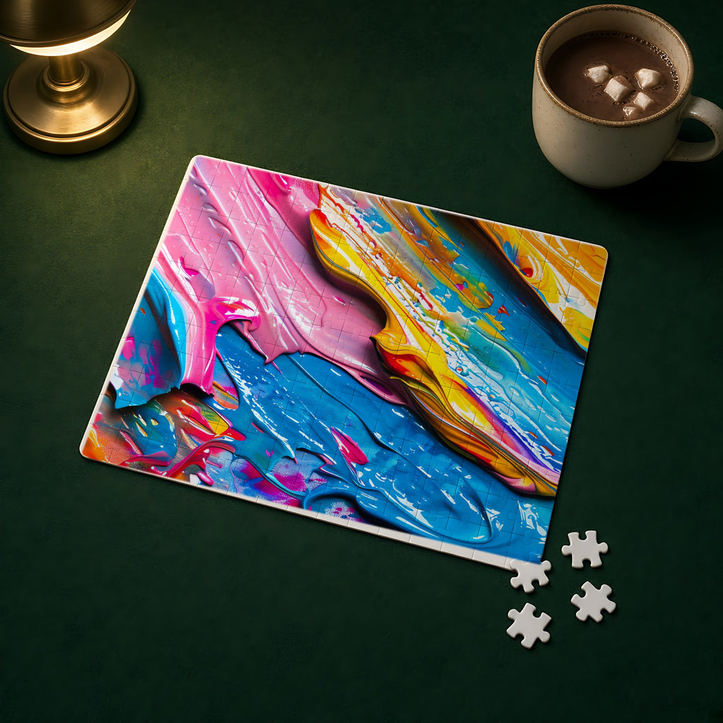 Vivid Paint Strokes Jigsaw Puzzle with Tin completed on a green games table
