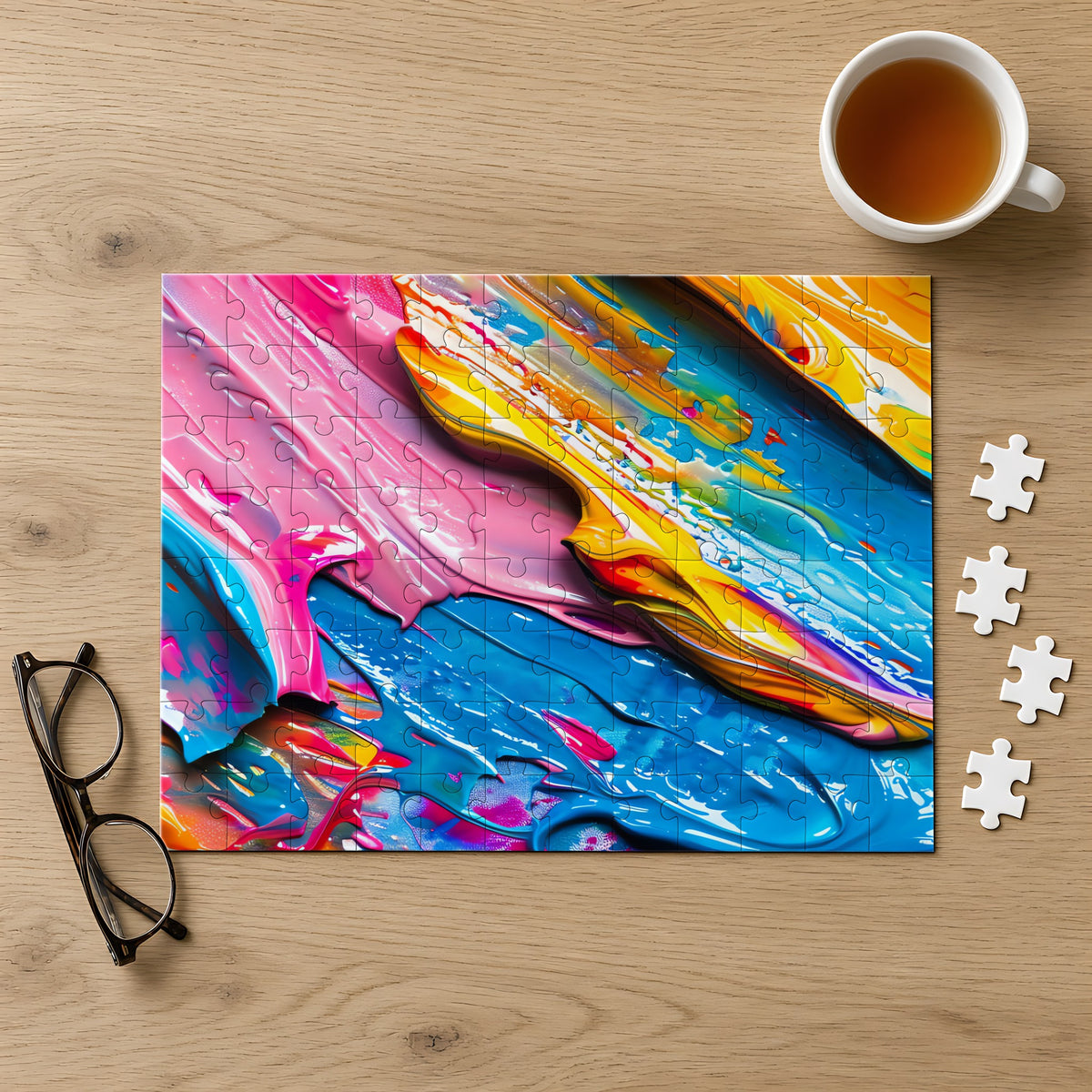 Vivid Paint Strokes Jigsaw Puzzle with Tin completed on a light oak table with a cup of tea