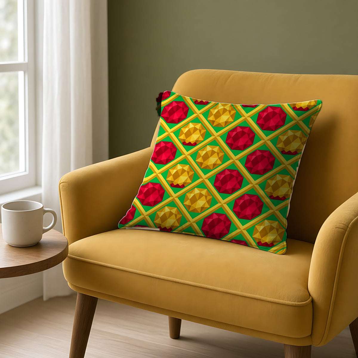 Giant Prism Diamond Lattice Faux Suede Cushion on a mustard armchair by a window