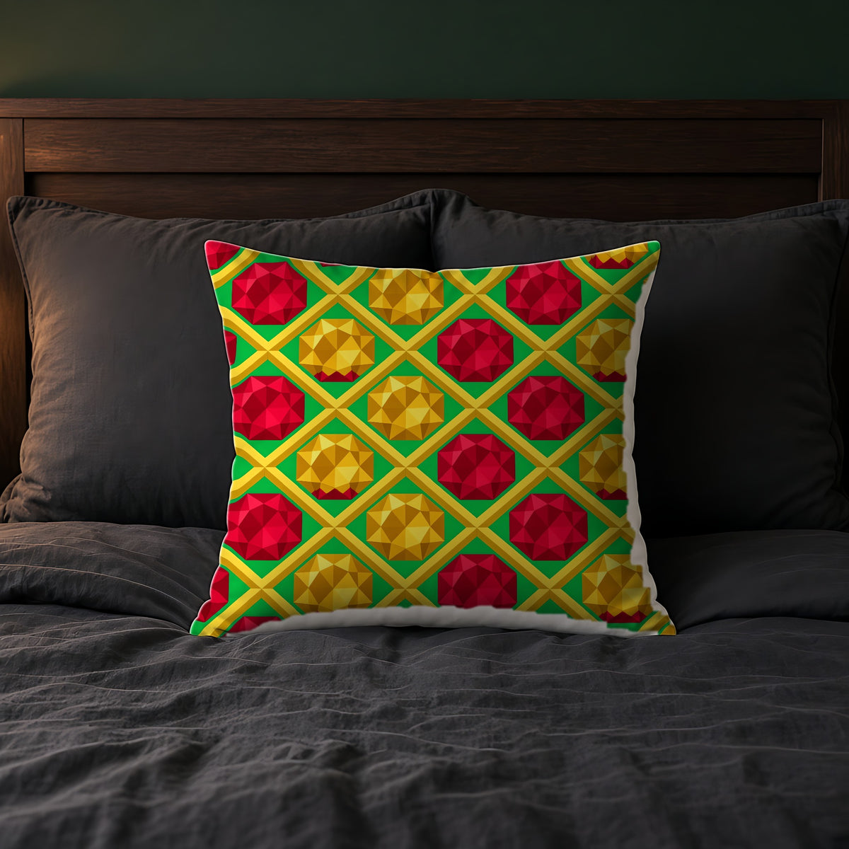 Giant Prism Diamond Lattice Faux Suede Cushion on a bed with charcoal bedding