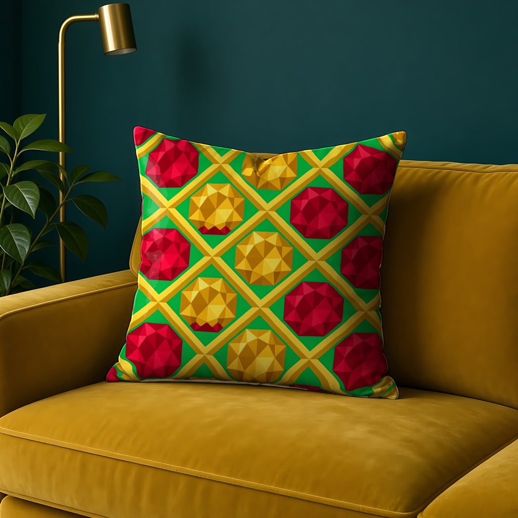 Giant Prism Diamond Lattice faux suede cushion in the Christmas Jewel Bright palette, on a mustard sofa against a teal wall