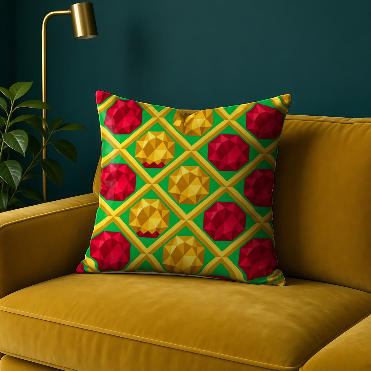 Giant Prism Diamond Lattice faux suede cushion in the Christmas Jewel Bright palette, on a mustard sofa against a teal wall