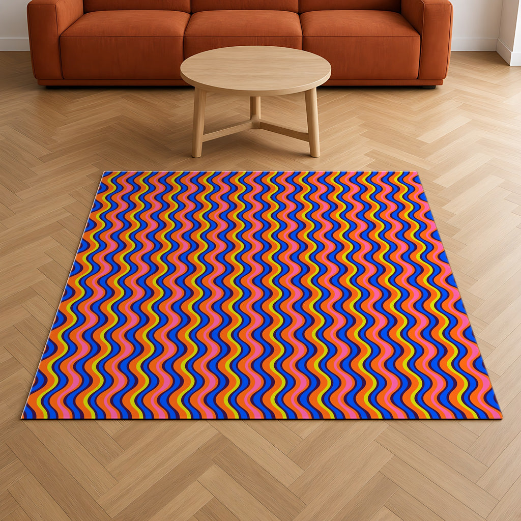 Warped Circus Stripes Outdoor Rug on a herringbone wood floor in a living room
