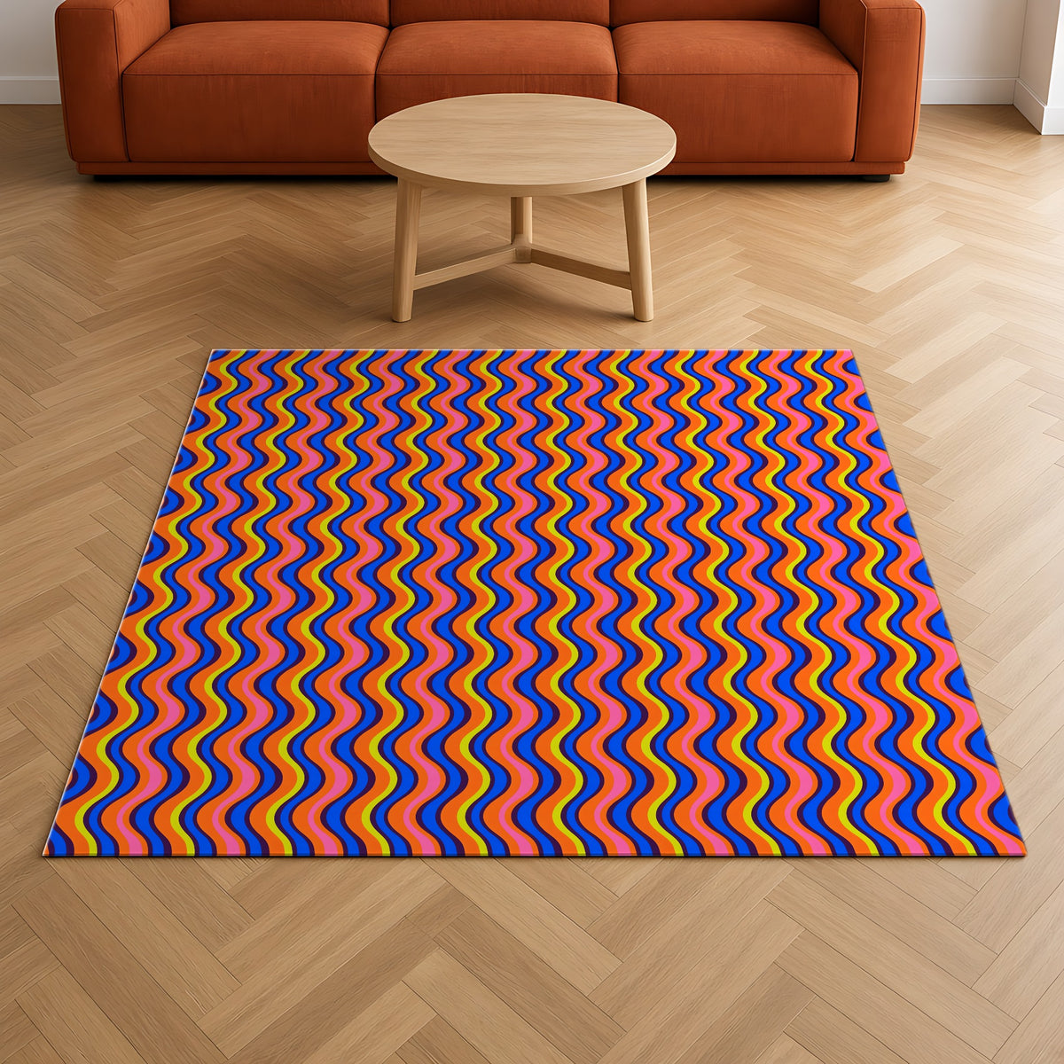 Warped Circus Stripes Outdoor Rug on a herringbone wood floor in a living room
