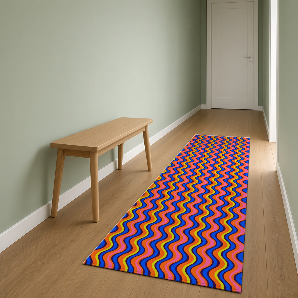 Warped Circus Stripes Outdoor Rug as a runner in a sage-green hallway