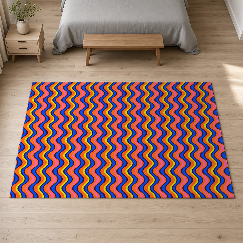 Warped Circus Stripes Outdoor Rug on a pale oak floor in a calm bedroom