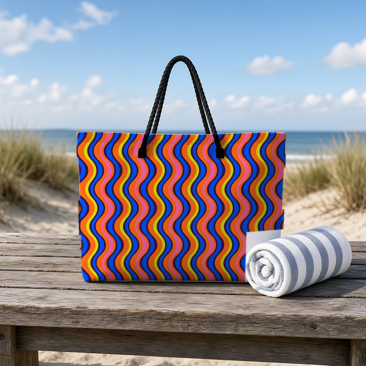 Warped Circus Stripes Weekender Tote Bag on a rustic table by the beach
