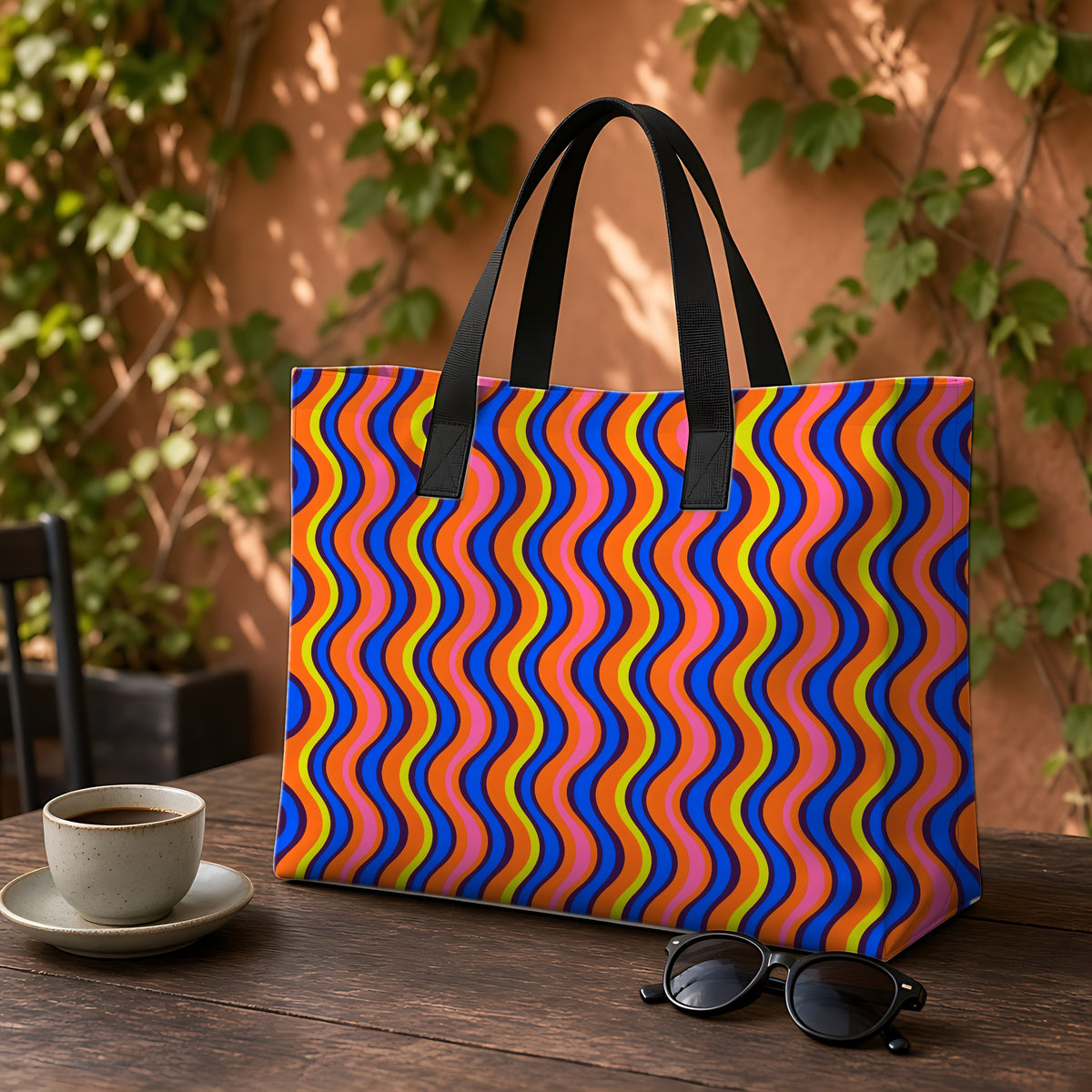 Warped Circus Stripes Weekender Tote Bag on a garden café table