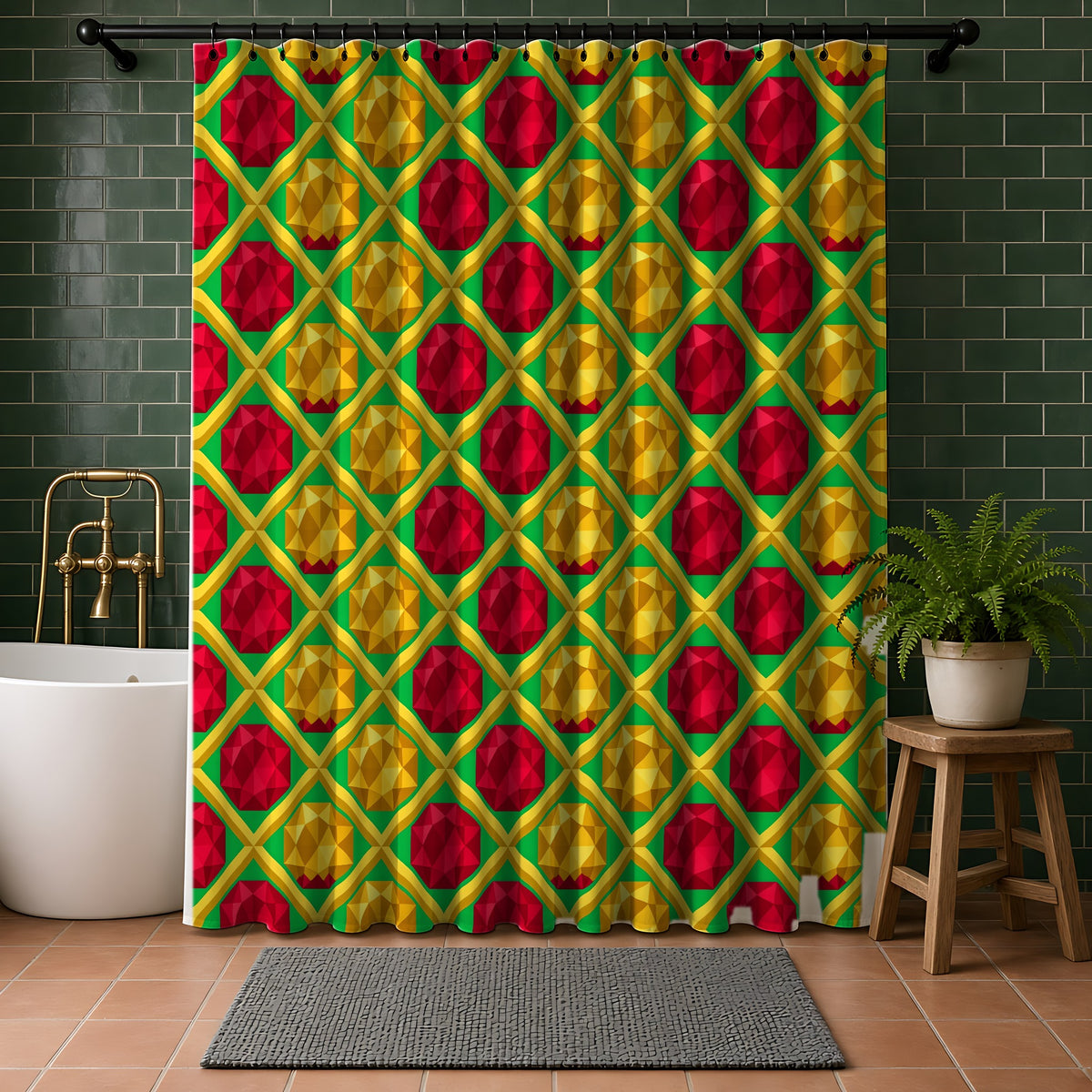 Giant Prism Diamond Lattice Shower Curtain in a bathroom with dark green tiles