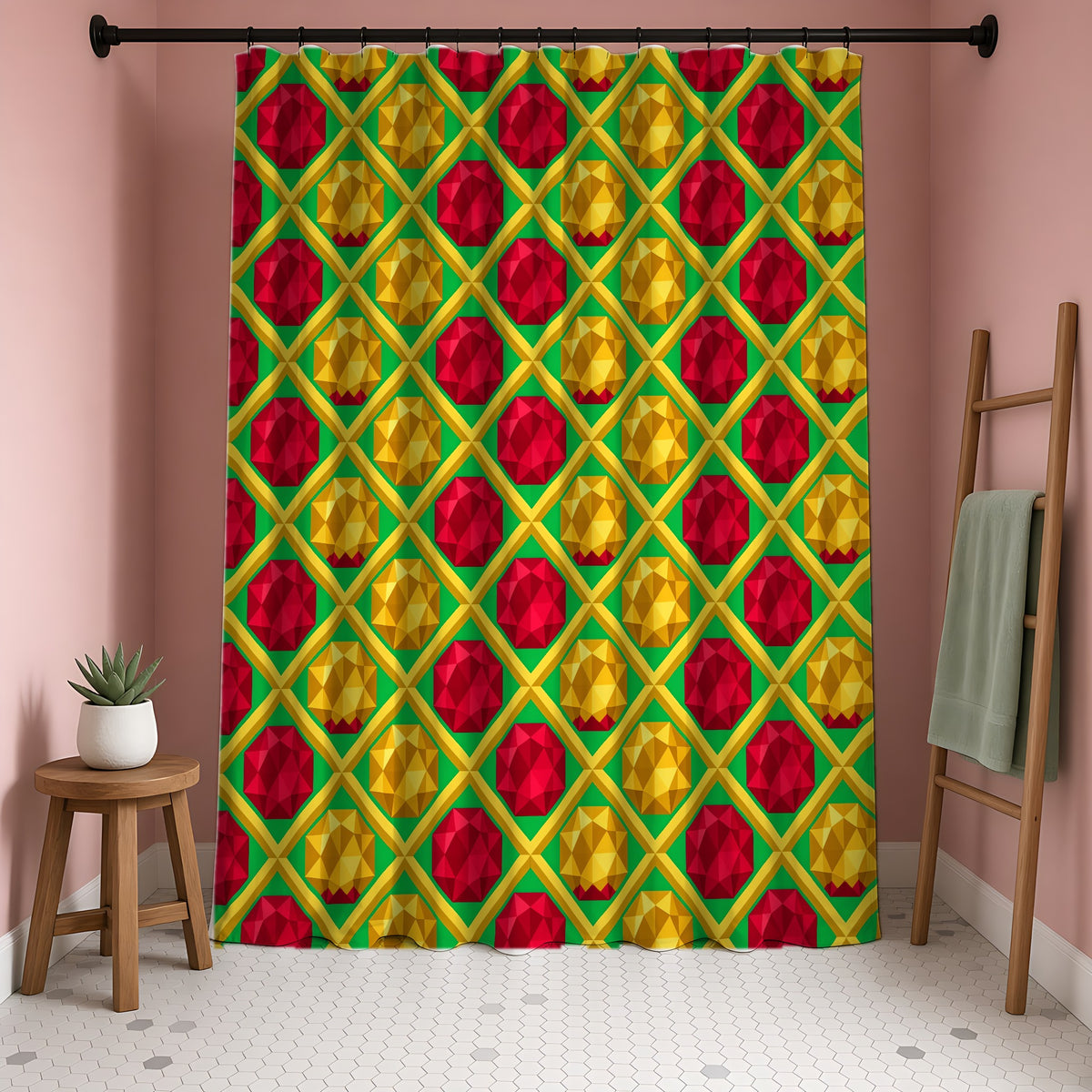 Giant Prism Diamond Lattice Shower Curtain in a blush-pink bathroom