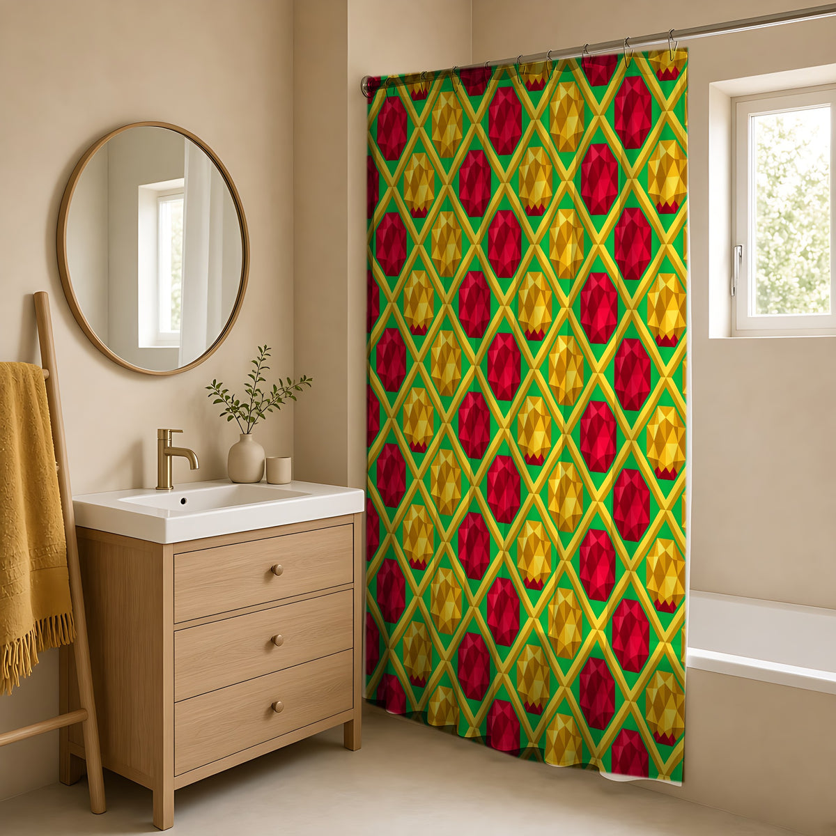 Giant Prism Diamond Lattice Shower Curtain in a warm neutral bathroom with an oak vanity