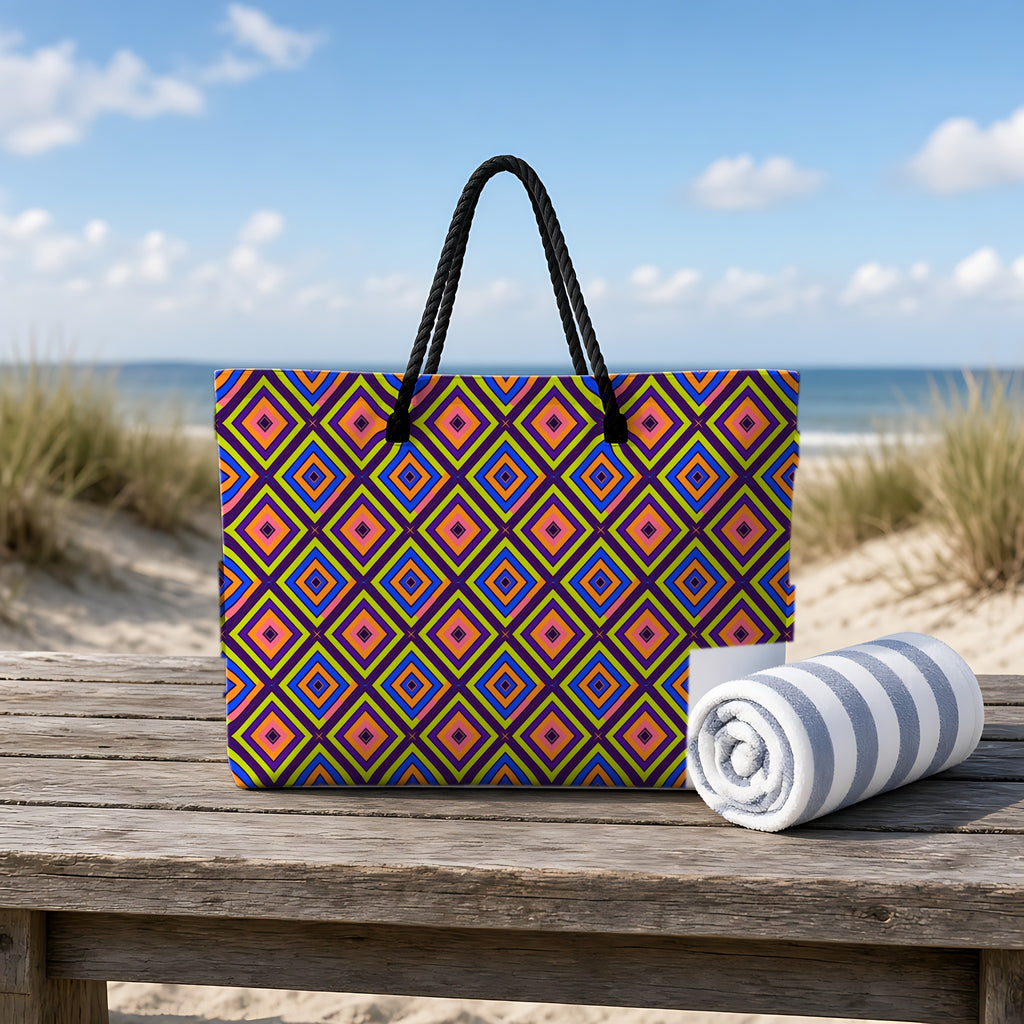 Diamond Ripples Weekender Tote Bag on a rustic table by the beach