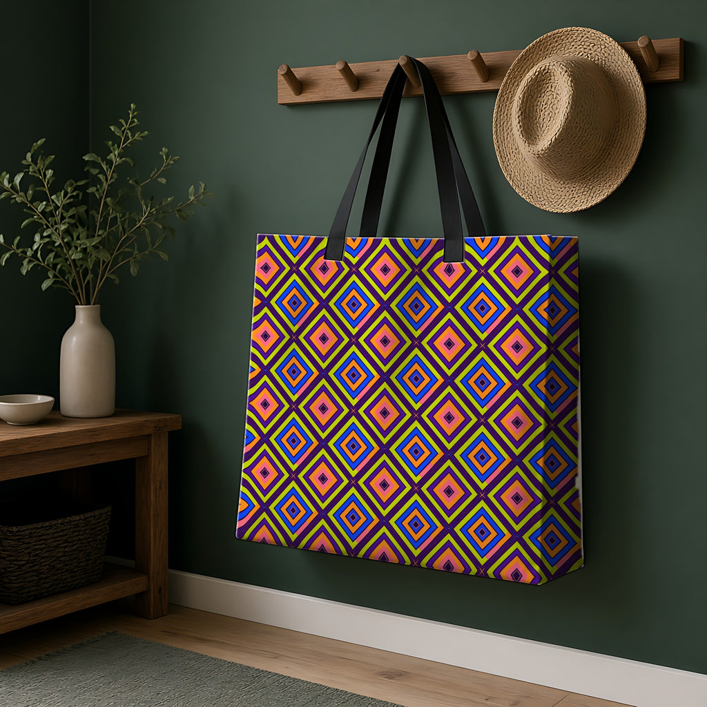 Diamond Ripples Weekender Tote Bag hanging on a peg rail in a green hallway