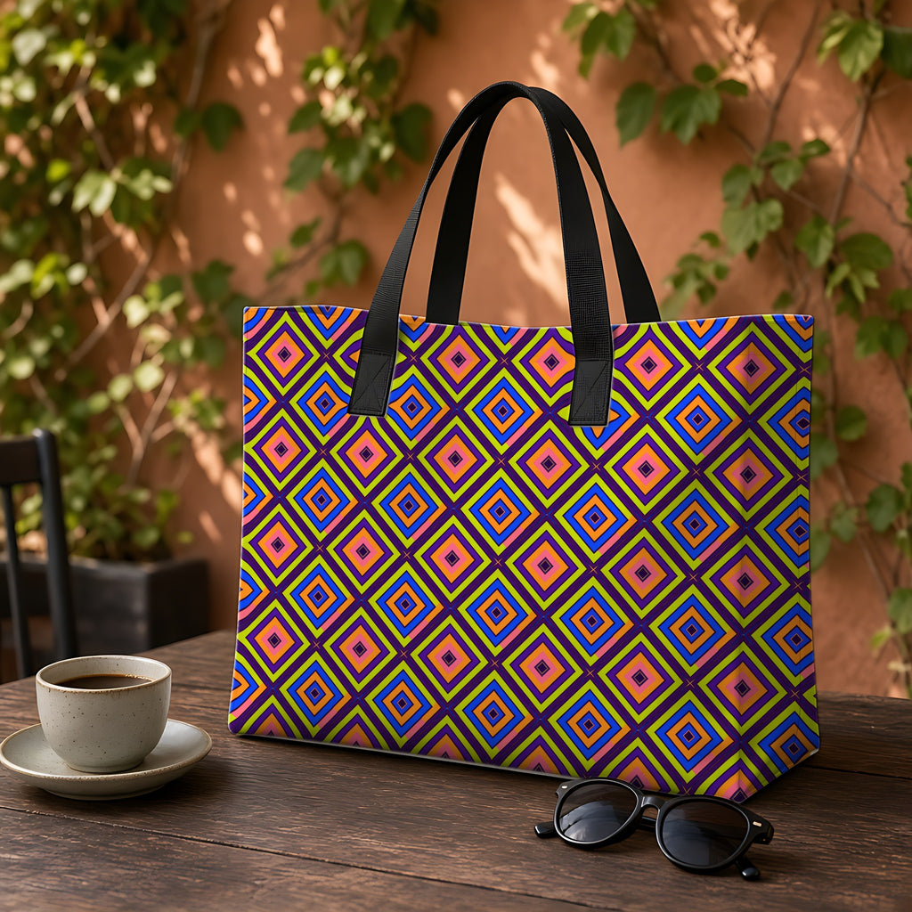 Diamond Ripples Weekender Tote Bag on a garden café table