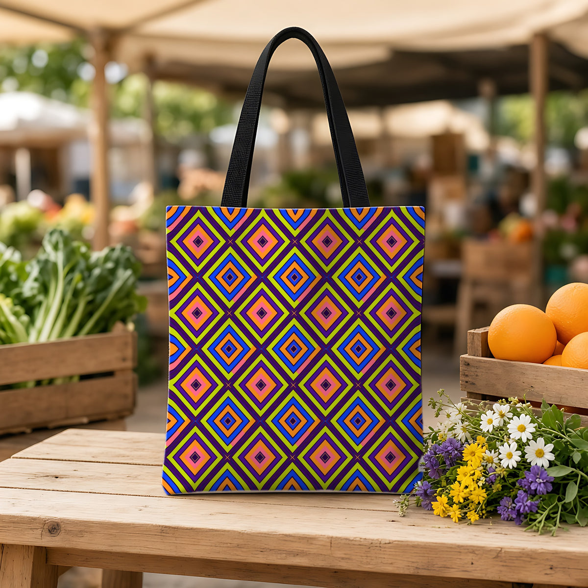 Diamond Ripples Weekender Tote Bag on a wooden bench at a farmers market