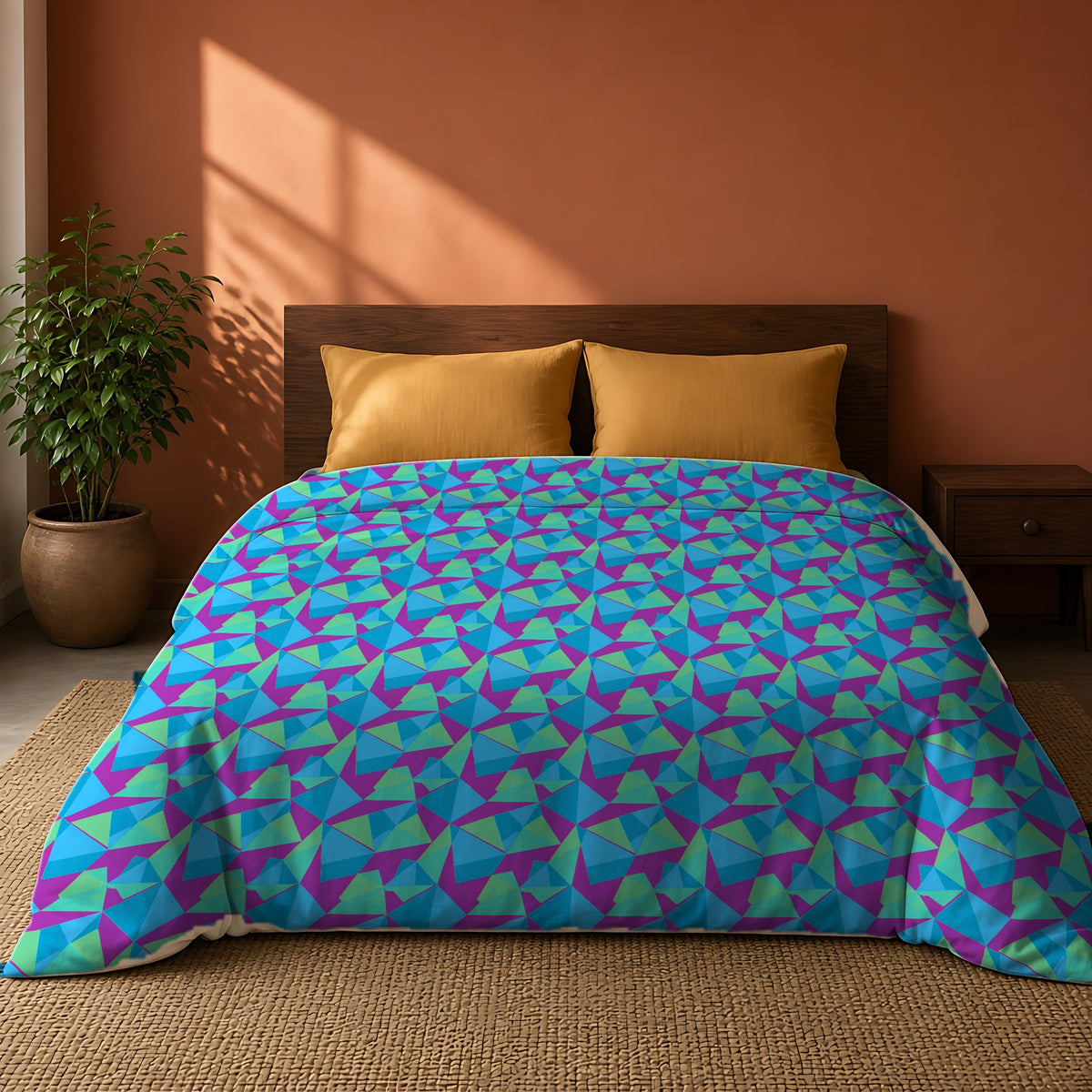 Faceted Panels Comforter on a king bed against a warm terracotta wall