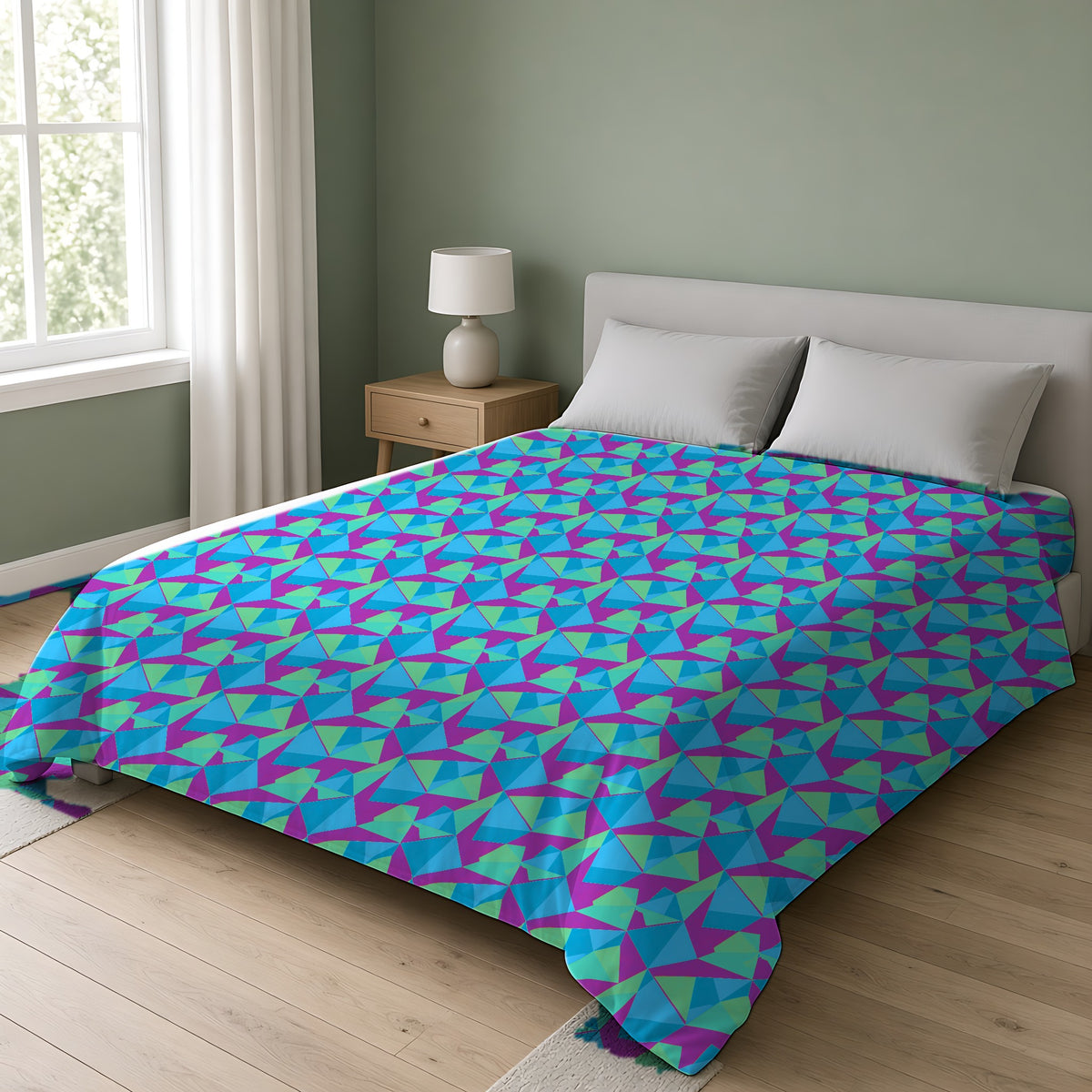 Faceted Panels Comforter on a double bed in a bright sage-green bedroom