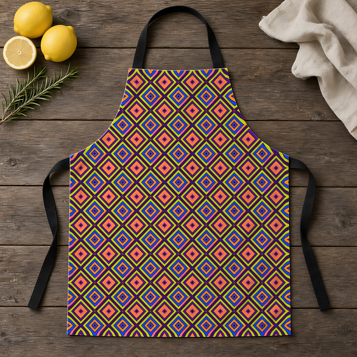 Diamond Ripples Apron laid flat on a rustic wooden table