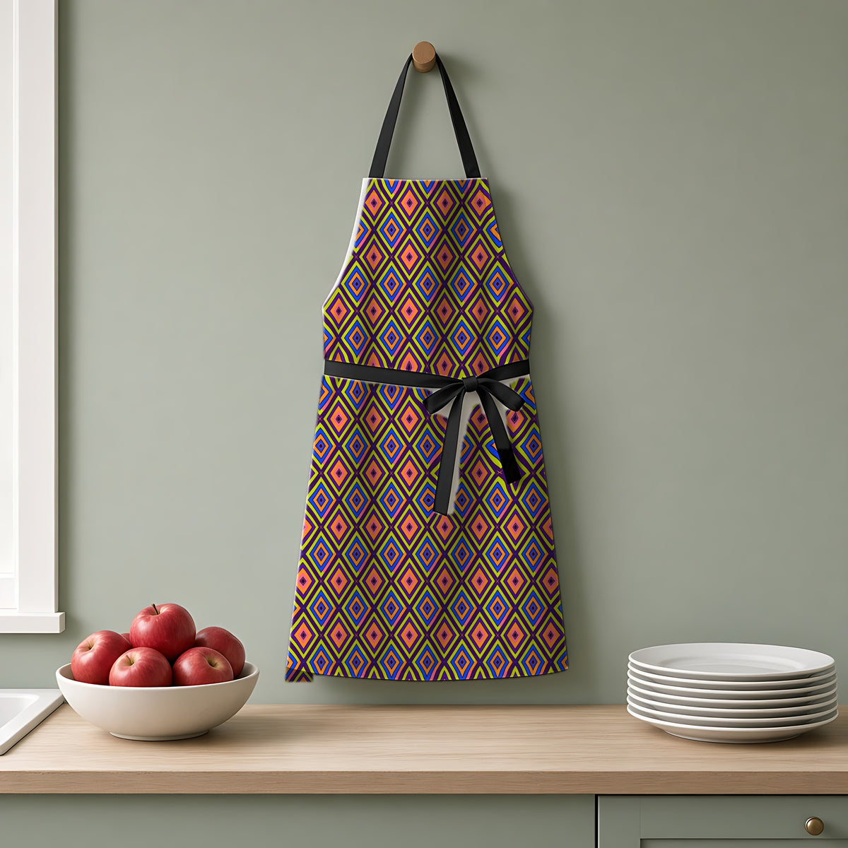 Diamond Ripples Apron hanging on a sage-green kitchen wall