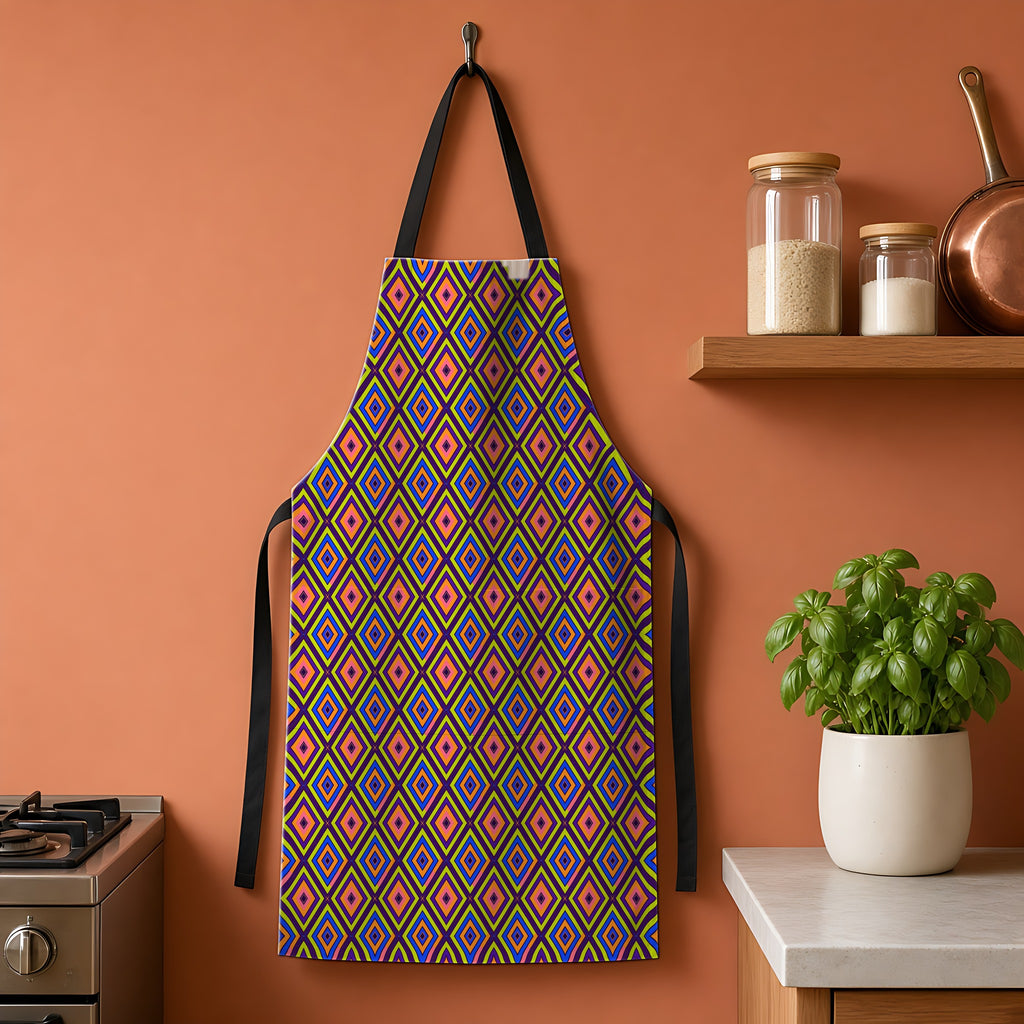 Diamond Ripples Apron hanging on a terracotta kitchen wall