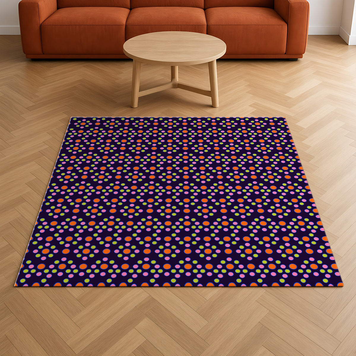 Bulging Dot Grid Outdoor Rug on a herringbone wood floor in a living room