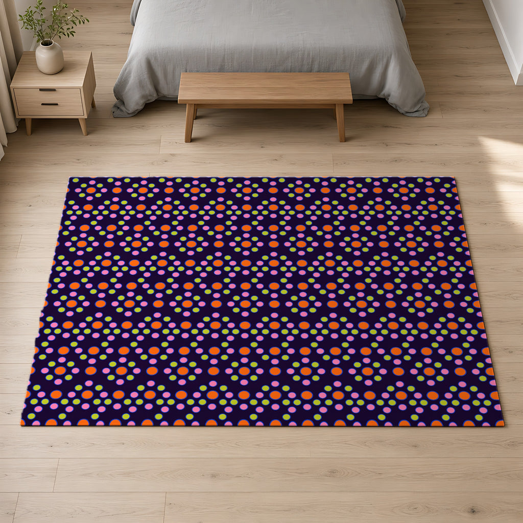 Bulging Dot Grid Outdoor Rug on a pale oak floor in a calm bedroom