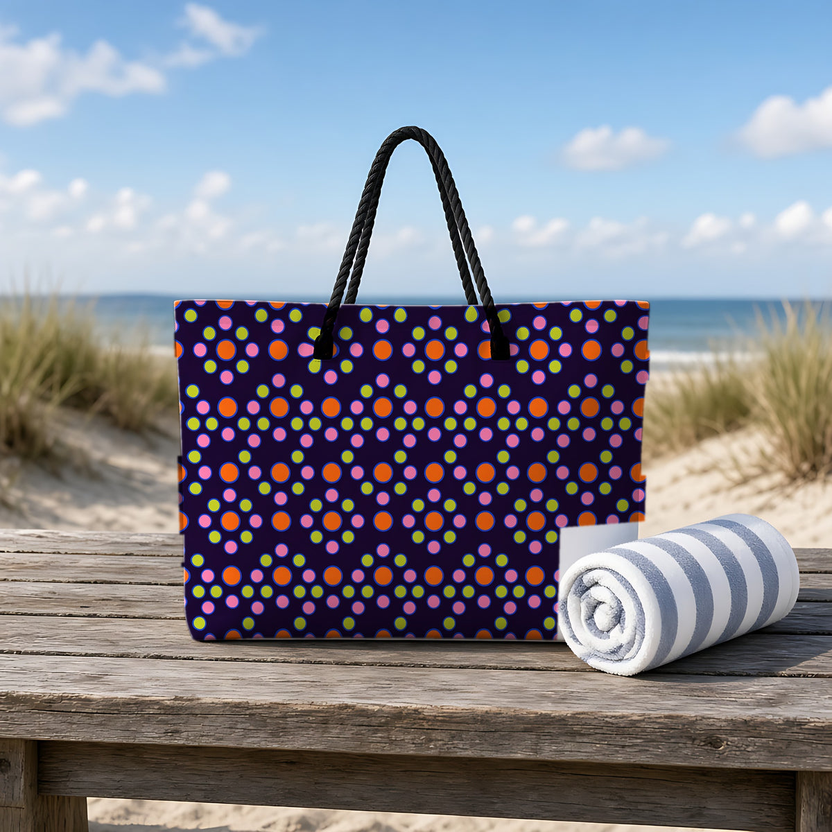 Bulging Dot Grid Weekender Tote Bag on a rustic table by the beach