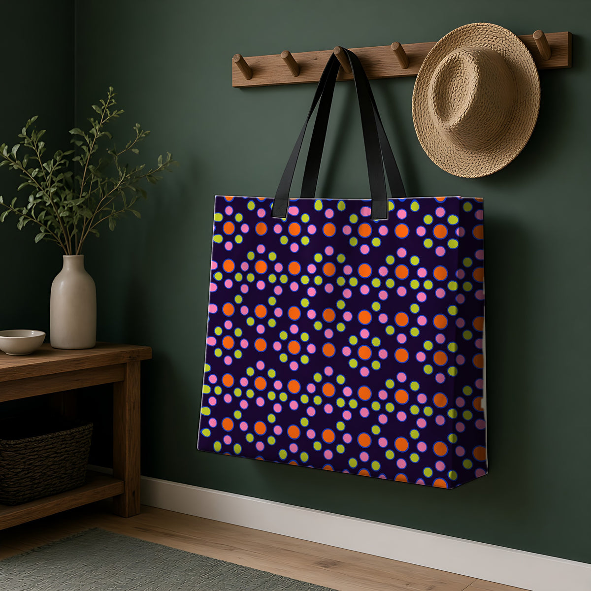 Bulging Dot Grid Weekender Tote Bag hanging on a peg rail in a green hallway