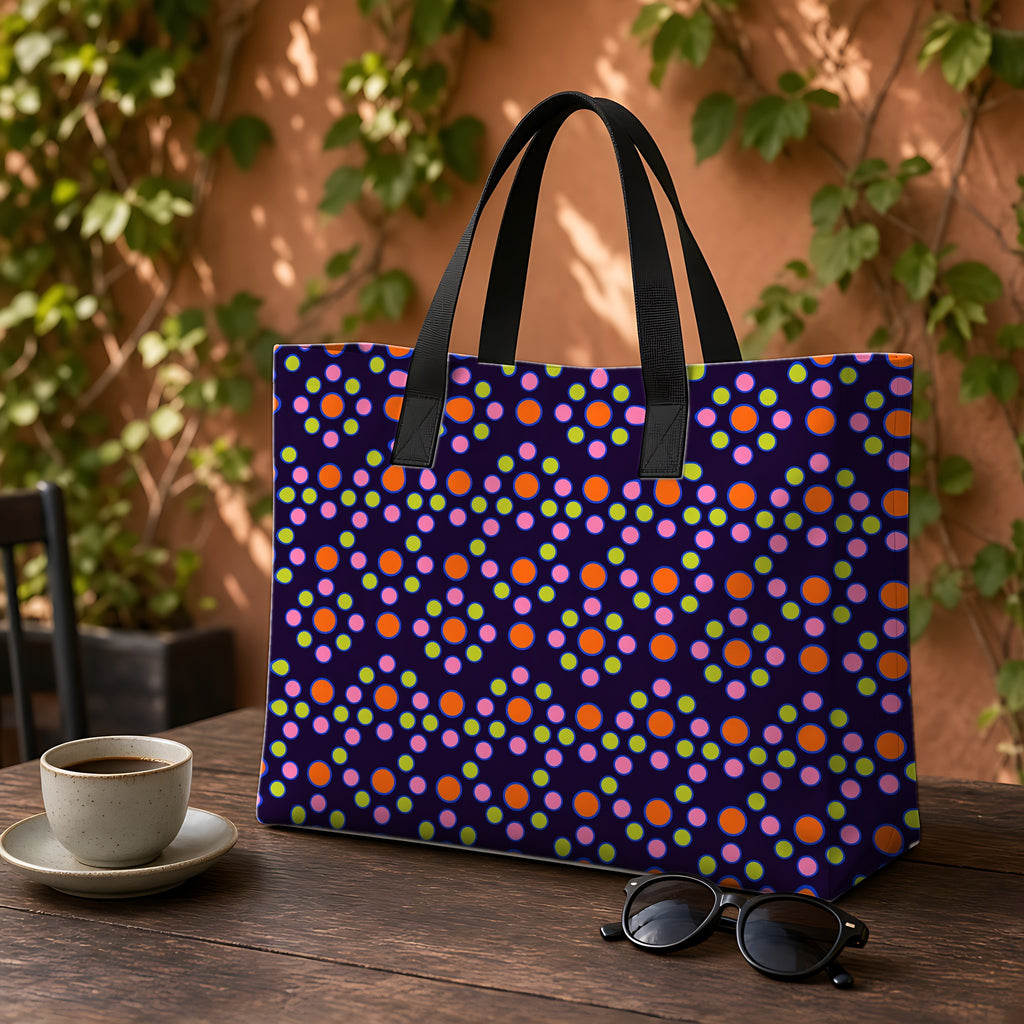 Bulging Dot Grid Weekender Tote Bag on a garden café table