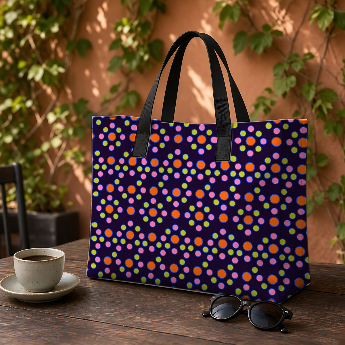 Bulging Dot Grid Weekender Tote Bag on a garden café table