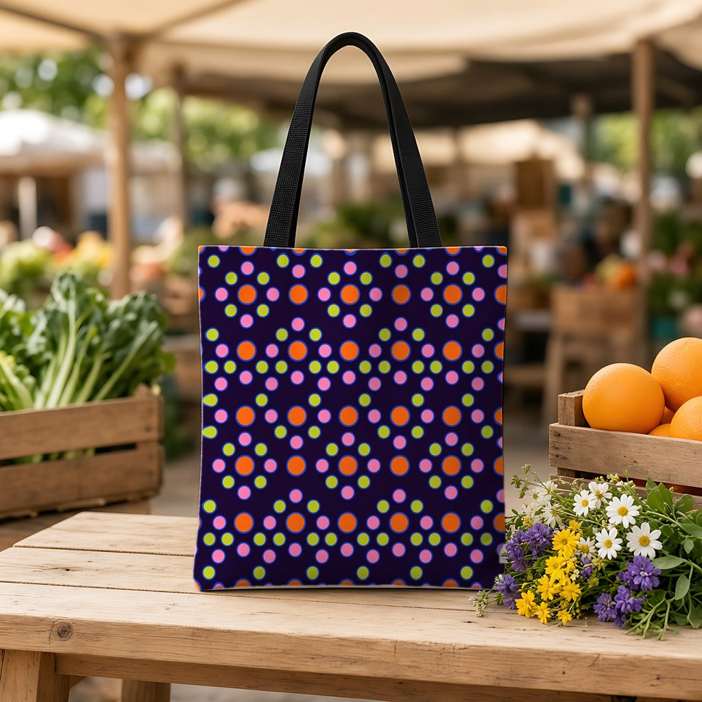 Bulging Dot Grid Weekender Tote Bag on a wooden bench at a farmers market