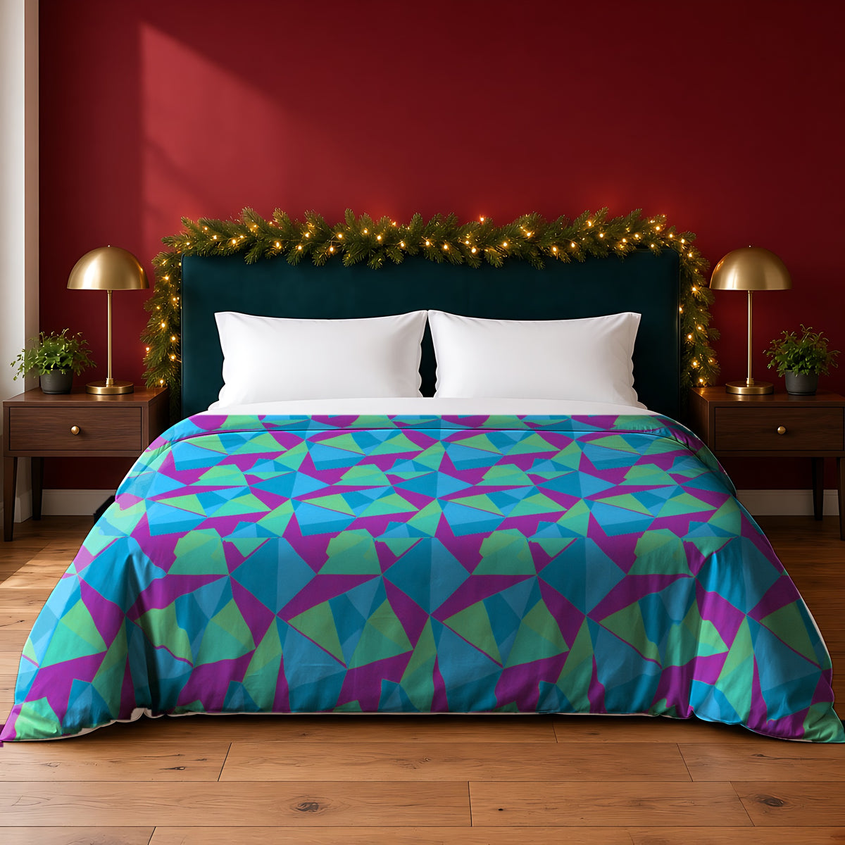 Faceted Panels Cotton Duvet Cover in the Ice Jewel palette, on a bed with a green headboard in a festive bedroom with pine garland and fairy lights