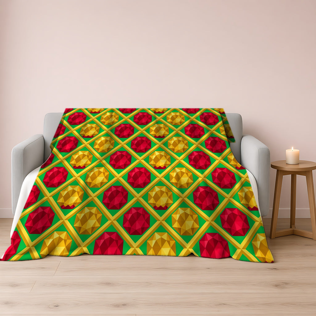 Giant Prism Diamond Lattice Sherpa Fleece Blanket draped over a grey sofa