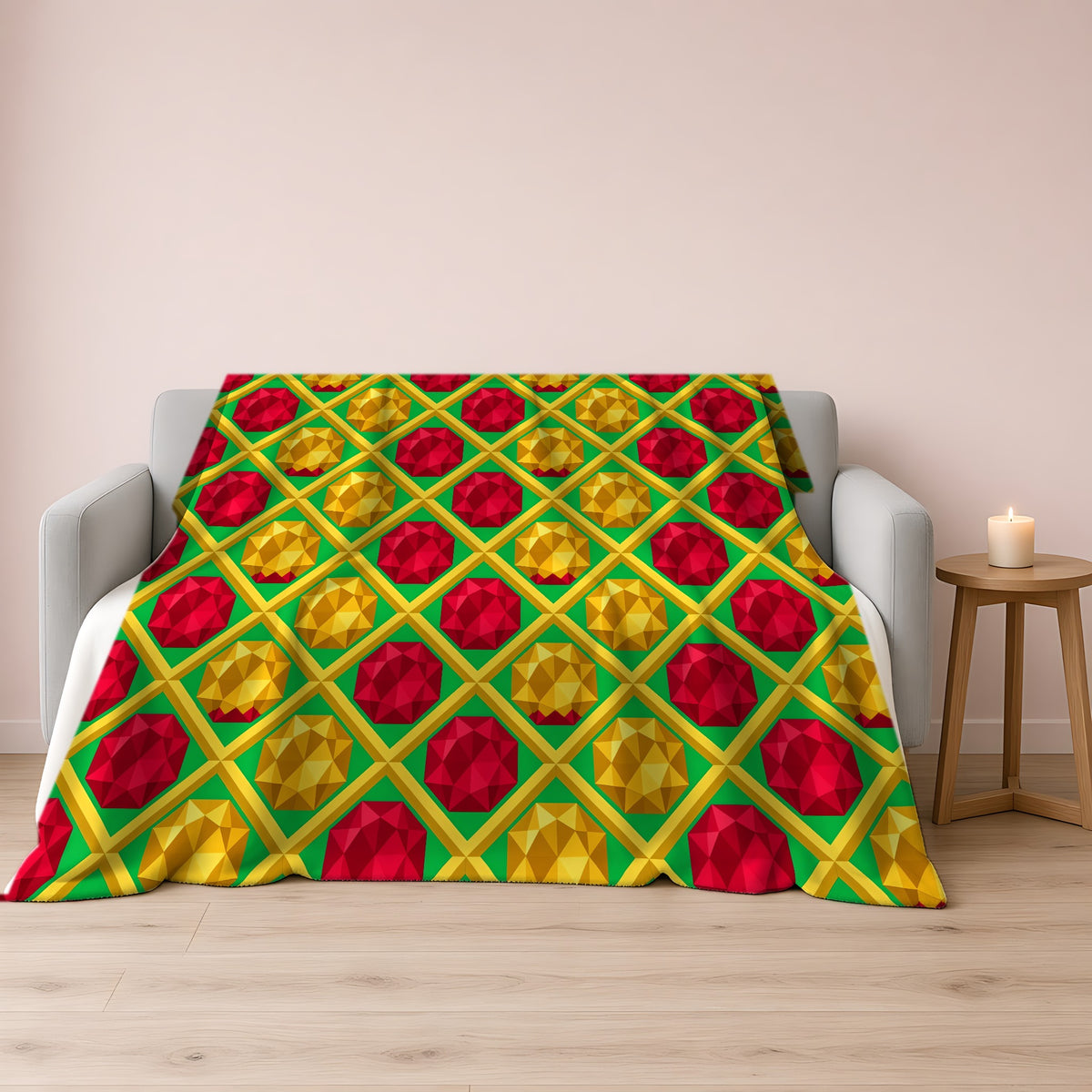 Giant Prism Diamond Lattice Sherpa Fleece Blanket draped over a grey sofa
