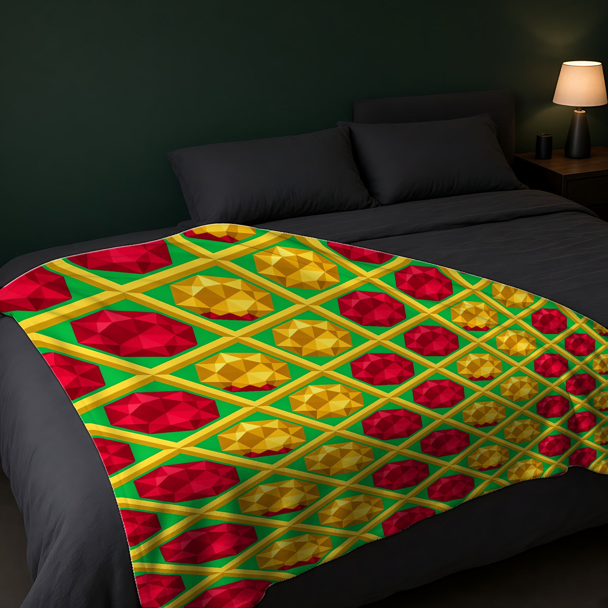 Giant Prism Diamond Lattice Sherpa Fleece Blanket across the foot of a dark bed