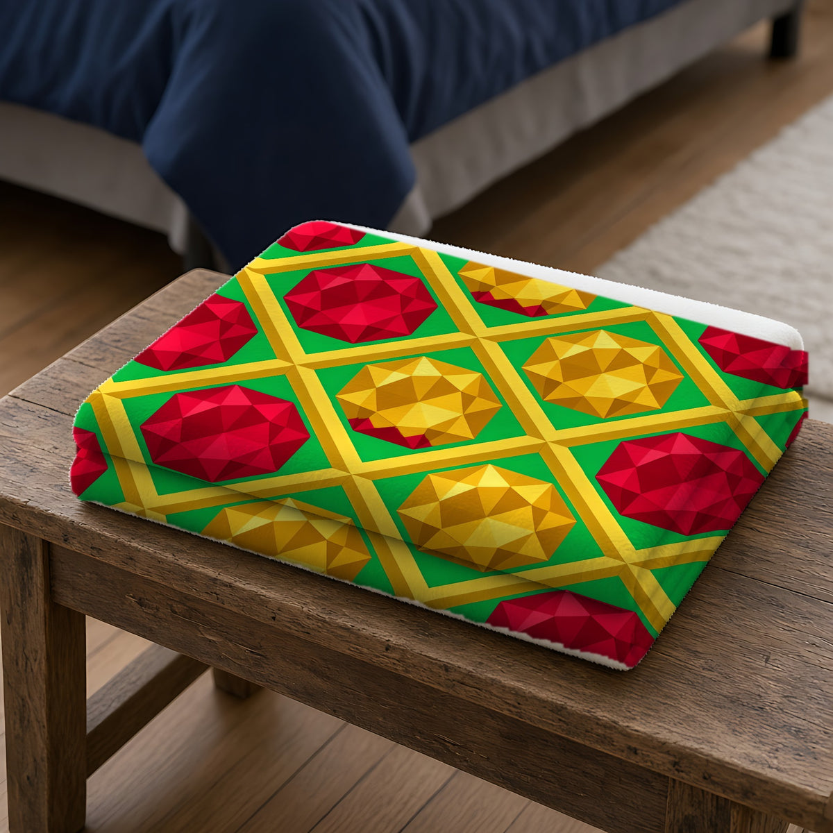 Giant Prism Diamond Lattice Sherpa Fleece Blanket folded on a wooden bench