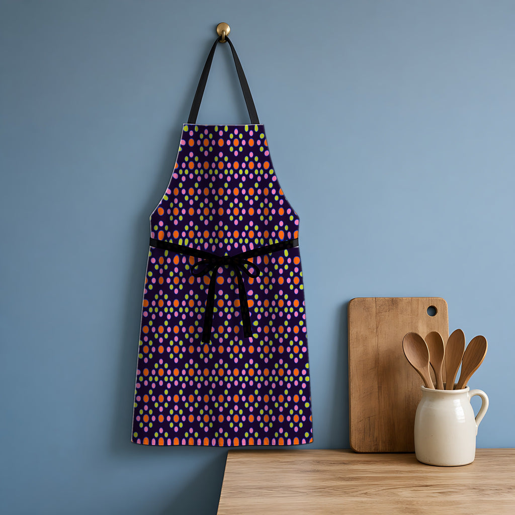 Bulging Dot Grid Apron hanging in a blue kitchen