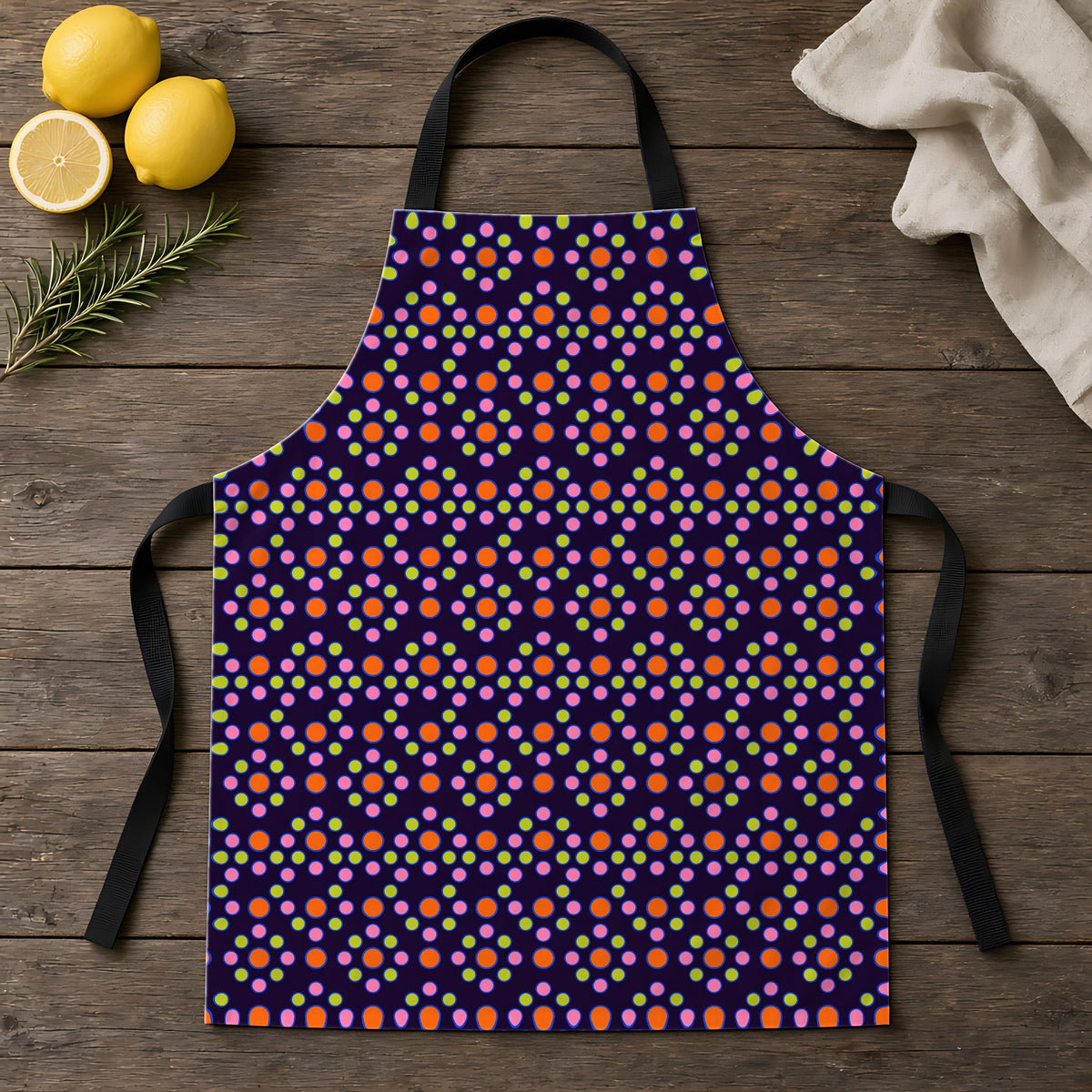 Bulging Dot Grid Apron laid flat on a rustic wooden table