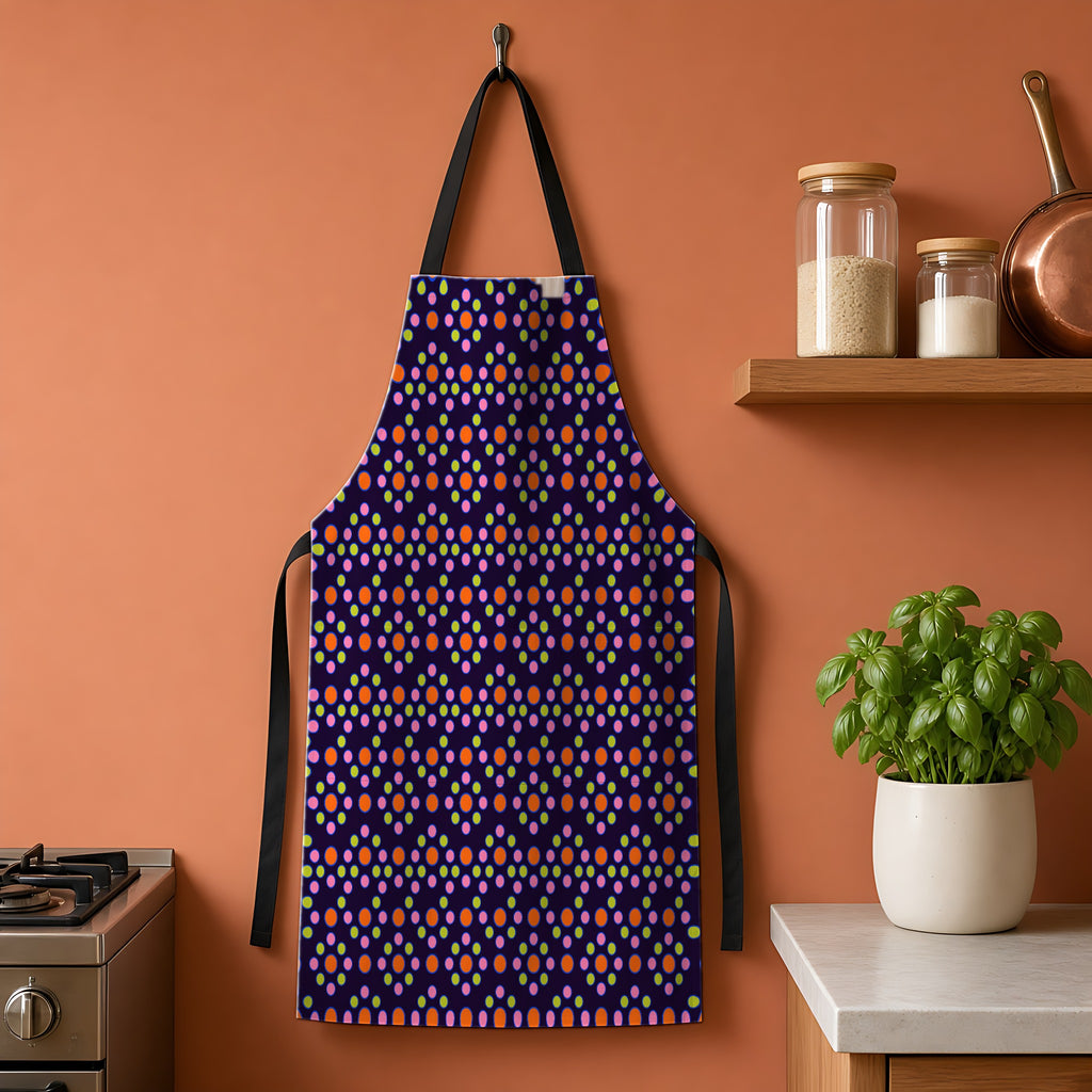 Bulging Dot Grid Apron hanging on a terracotta kitchen wall