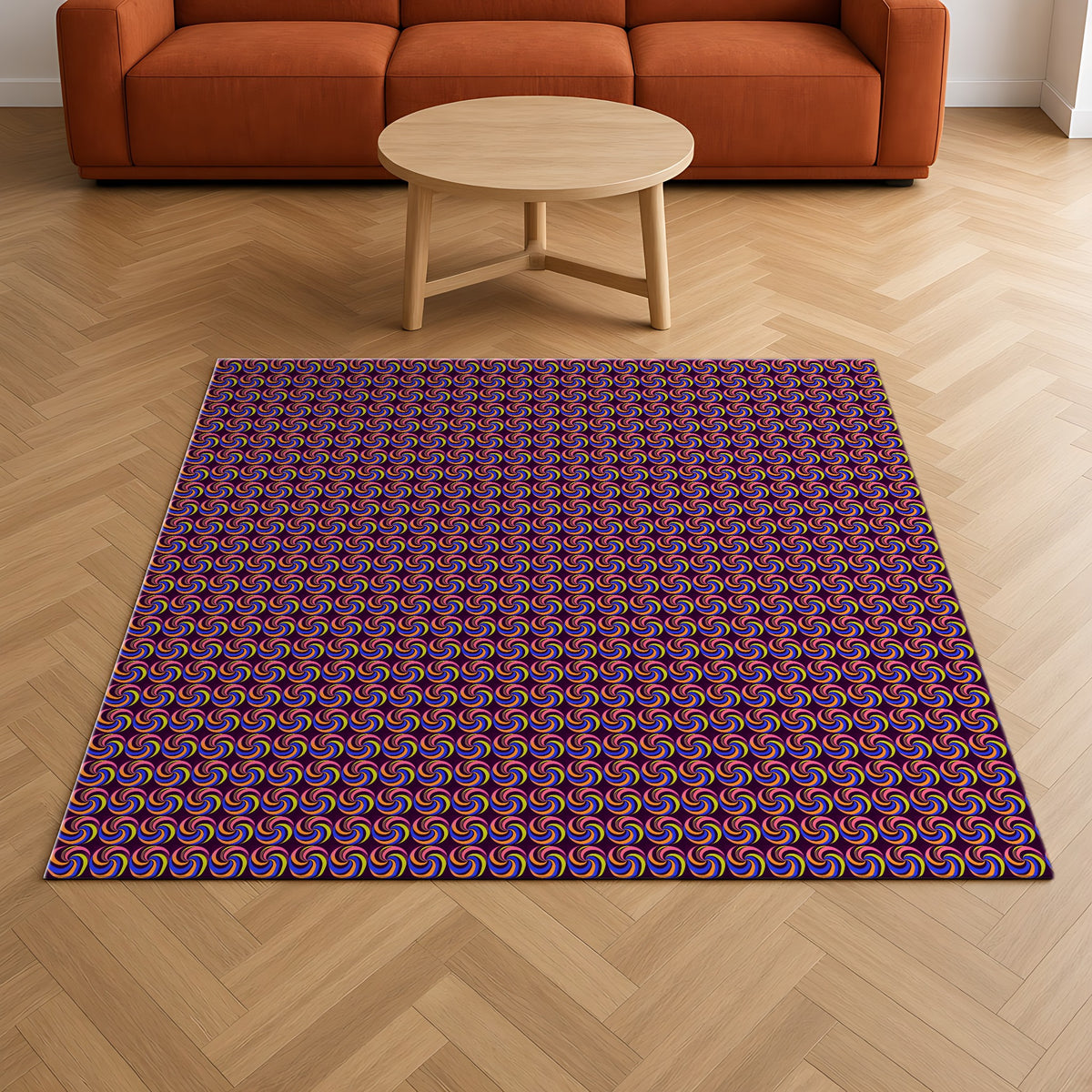 Spiral Stripe Swirls Outdoor Rug on a herringbone wood floor in a living room