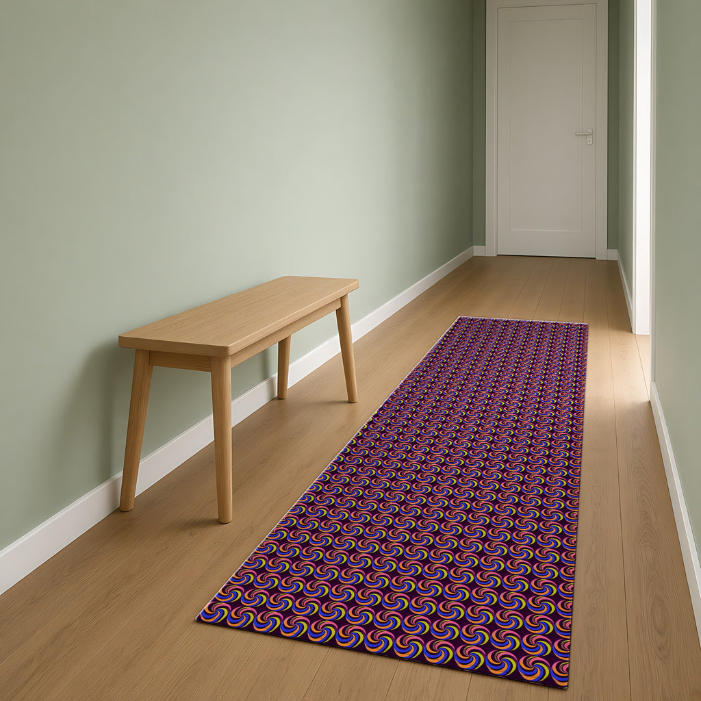 Spiral Stripe Swirls Outdoor Rug as a runner in a sage-green hallway