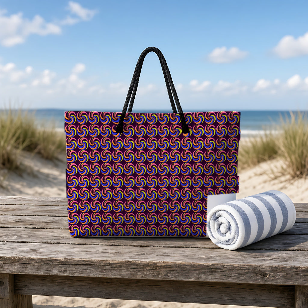 Spiral Stripe Swirls Weekender Tote Bag on a rustic table by the beach