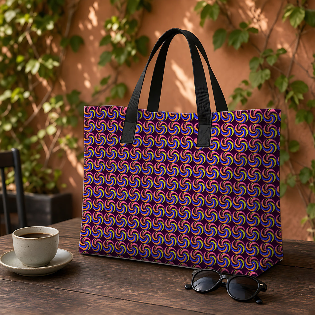 Spiral Stripe Swirls Weekender Tote Bag on a garden café table