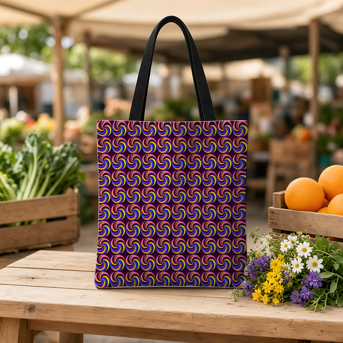 Spiral Stripe Swirls Weekender Tote Bag on a wooden bench at a farmers market